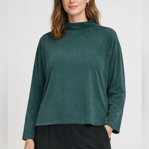 Eileen Fisher Sueded Cupro Knit Funnel Neck Box-top Long Sleeve In Green Size M